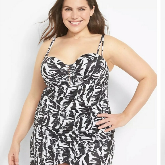 Cacique Other - Cacique Lane Bryant Fitted Underwire Swim Tankini Top palm black white 44DDD